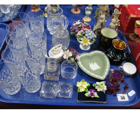 Miniature Ruby Glass Vase and Goblets, Stuart jug, drinking glasses, Hammersley mini tea pot, posies, brooches etc:- One Tray