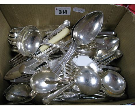 A Pair of Hallmarked Silver Fiddle Pattern Table Spoons, initialled "R"; together with collection of assorted plated cutlery: