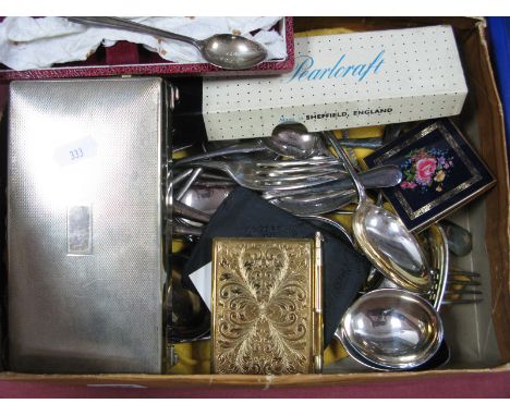 Cutlery, engine turned cigarette box, a hallmarked silver spoon etc. 