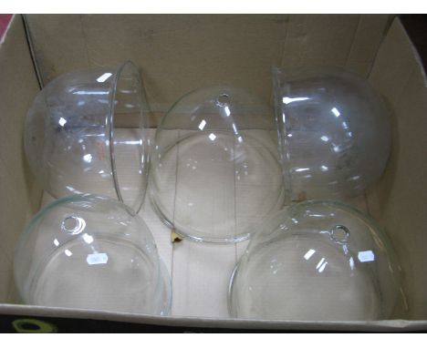 Railway, three bell shaped glass platform light shades, two others labelled Davisil, 24.5cm diameter. (5)