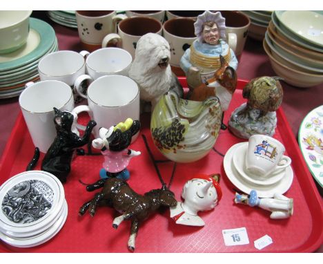 Doulton Foal, John Beswick Fox and Cat, Aynsley Old English Sheepdog, Bisque barrel lady, Maltese glass vase etc:- One Tray