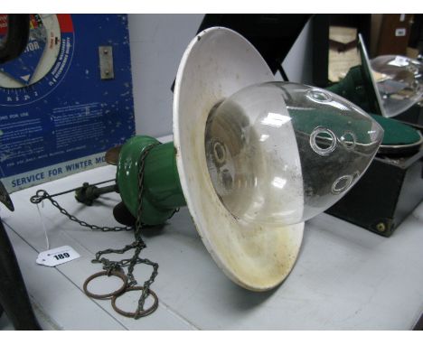 A Railway Platform Lamp, with green enamel Mexican hat shade, complete with glass globe.