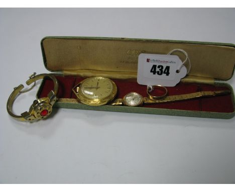 A 9ct Gold Band, with inset highlights; vintage ladies Oris wristwatch, Lucerne pendant watch, bangle watch. (4)