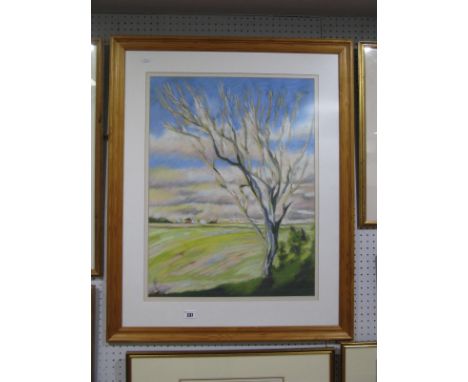 R Thomas Dee, Winter Tree in a Landscape with Cottages, pastel signed lower left 46 x 61cm