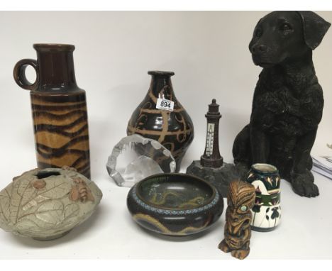 A cloisonné bowl contemporary ceramics a Cornish serpentine marble light house a glass polar bear ornament and other oddments