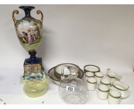 An early 20th century glass dish with a shaped rim an etched glass decanter coffee cups and saucers and other ceramics and a 