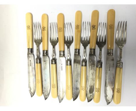 A 6 setting Hallmarked silver and ivory fish set with marks for Harrison brothers &amp; Howson, Sheffield circa 1885.