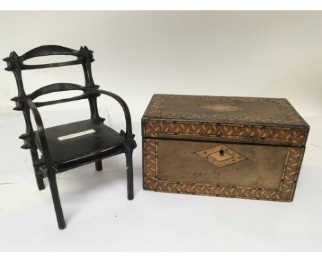 A Small early 19th century chair possible hawthorn and a tunbridge type late Victorian tea caddy with two sections. (2)