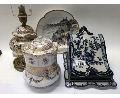 A blue and white pottery butter dish, A Mailing chintz Lamp base, Limoge jar and cover plus a french porcelain plate with Jap
