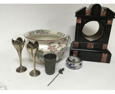 A collection of oddments a black slate clock case a chamber pot cloisonné dish vases and oddments.