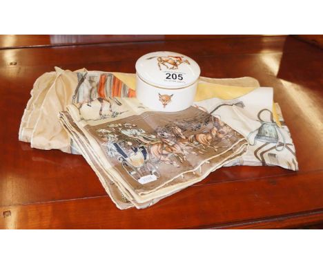2 silk hunting scarfs and a Royal Worcester hunting pot with cover