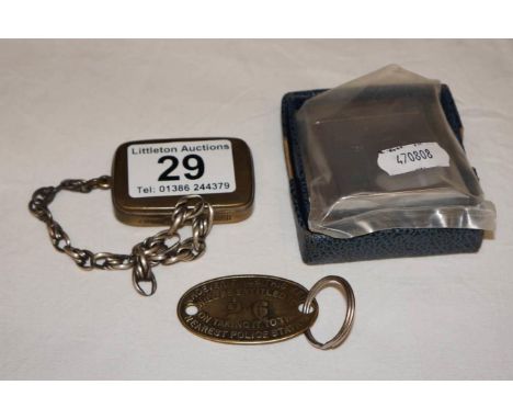 Boxed lighter, vesta on chain and old key ring
