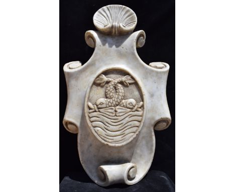 Ancient coat of arms in Carrara marble with 2 dolphins in the central part and the shell in the upper part in good intact con