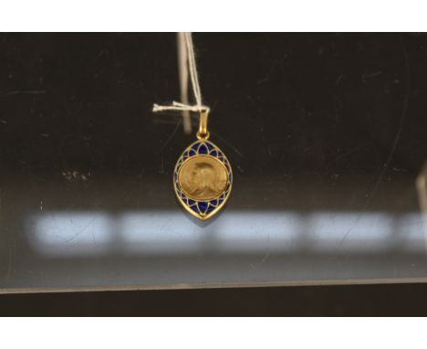 A French 18ct gold blue enamel decorated religious pendant, inscribed to back "Monique 15 March 1929, approx 2g