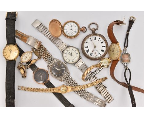 AN ASSORTMENT OF WATCHES, to include a ladies full hunter gold plated pocket watch, an AF silver open face pocket watch, hall