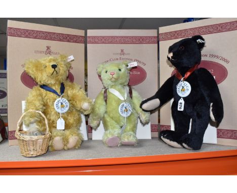 THREE BOXED STEIFF CLUB EDITION TEDDY BEARS, comprising 1997 'Picnic Bear Gold Blond 34' no 420108, in golden mohair with a g