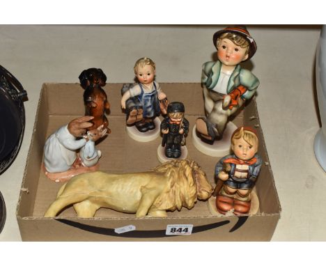 A BOX OF CERAMIC FIGURES, comprising a Coalport figure of a lion (extensive cracks), a Beswick black and tan Dachshund Beggin