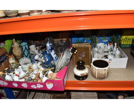 THREE BOXES AND LOOSE CERAMICS AND ORNAMENTS, to include a blue Cloisonné vase, a Sylvac posy vase 1484, a Bretby Pottery pla