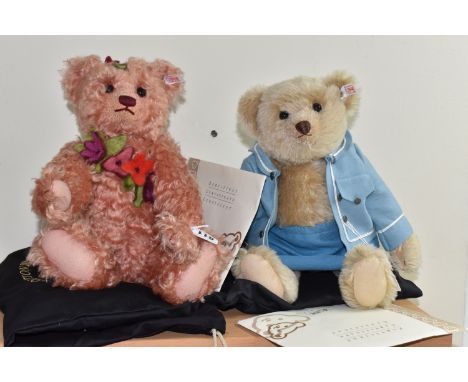 TWO STEIFF COLLECTOR CLUB EDITION BEARS comprising a beige 'Bagi' bear wearing a pale blue two-piece, No. 1403 Model No. 4205