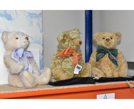 THREE STEIFF CLUB EDITION TEDDY BEARS, comprising '2008 Steiff Club Annual Edition' no 420955, in golden blond mohair, wearin