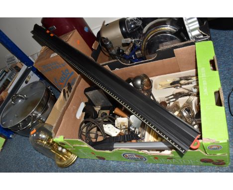 TWO BOXES AND LOOSE METAL WARES AND SUNDRY ITEMS, to include a C Baker microscope in plastic cylindrical travel case, a boxed
