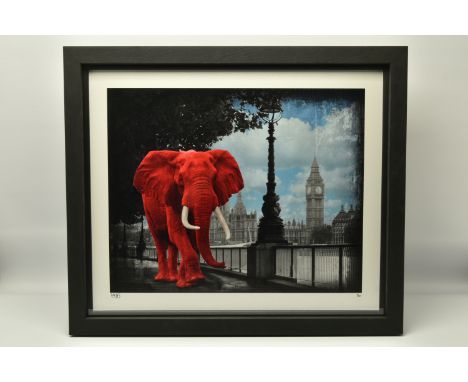 LARS TUNEBO (SWEDEN 1962) 'WESTMINSTER WANDERER', a signed artist proof edition print on board depicting a red elephant in Lo