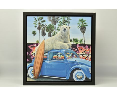 STEVE TANDY (BRITISH 1973) 'SURFS UP', a limited edition print on canvas depicting a Polar Bear and VW Beetle, 9/150 with cer