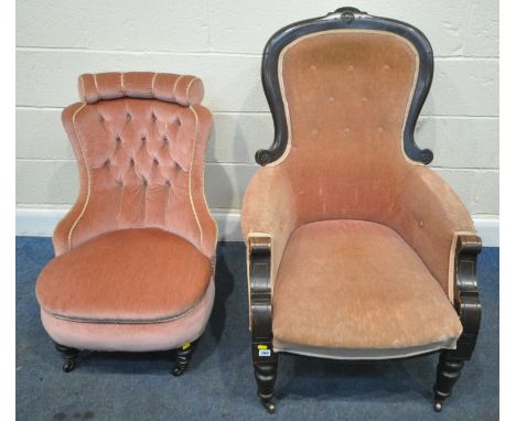 A PINK FABRIC UPHOLSTERED HOOP BACK CHAIR, with buttoned backrest, scrolled armrests, width 70cm x depth 87cm x height 102cm,