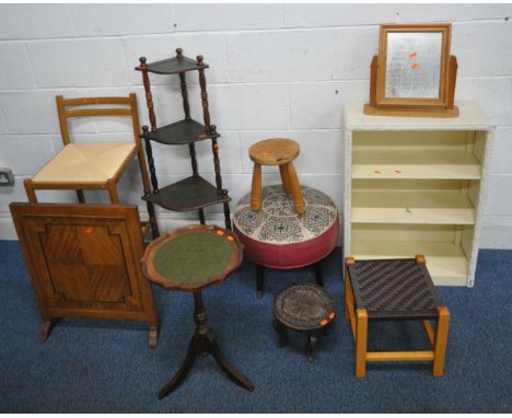A SELECTION OF OCCASIONAL FURNITURE, to include a rush seated high chair, a four tier corner what-not, a fire screen, a wine 