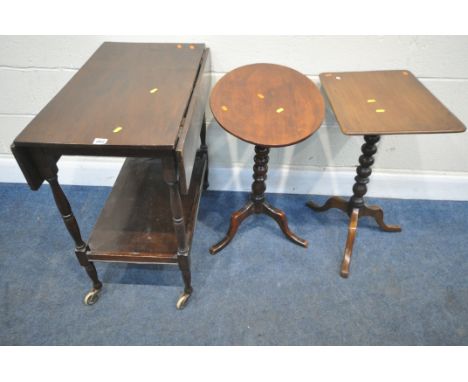 A 20TH CENTURY DROP LEAF TROLLEY, along with two bobbin turned tilt top tripod tables, condition report: repairs to both tilt