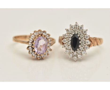 TWO 9CT GOLD CLUSTER RINGS, the first a sapphire and cubic zirconia lozenge shaped cluster ring, twist detailed shoulders and