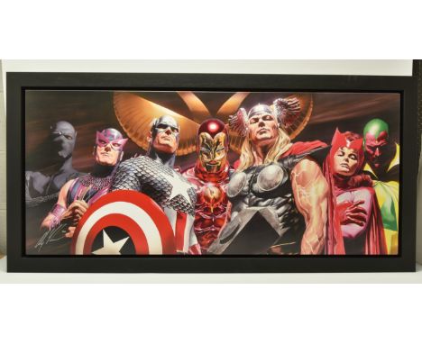 ALEX ROSS FOR MARVEL COMICS 'ASSEMBLE', a signed limited print on canvas, depicting Avengers Super Heroes; Black Panther, Haw