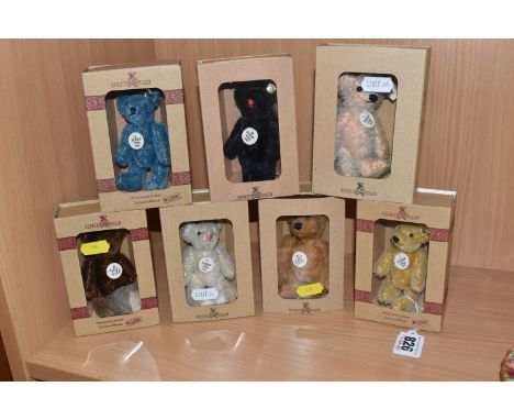 SEVEN BOXED STEIFF CLUB GIFT BEARS comprising a blond 1997 bear, a blue 1998 bear, a dark brown 1999 bear, a black 2000 bear,