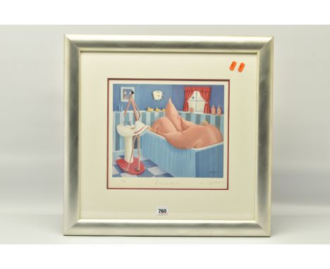 SARAH JANE SZIKORA (BRITISH 1971) 'PEEK-A-BOO', a signed limited edition print on paper, depicting figures in a bathroom, 713