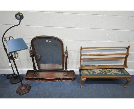 A MAHOGANY OVAL DRESSING TABLE MIRROR, width 107cm x depth 22cm x height 98cm, an Ercol hanging plate rack, a stool and two l