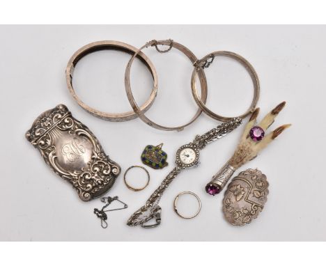 A SELECTION OF SILVER AND WHITE METAL JEWELLERY, to include an enamel Egyptian pendant, stamped 800, a late Victorian silver 