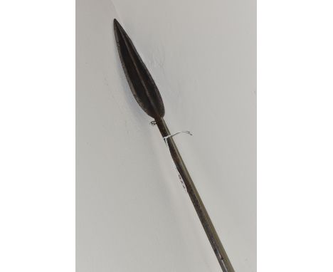 A MID CENTURY DOUBLE TIPPED AFRICAN SAMBURU TRIBAL HUNTING SPEAR from Kenya, with an iron 'leaf' formed spear head with point