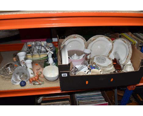 TWO BOXES AND LOOSE CERAMICS AND GLASSWARE, including a selection of retro drinking glasses, six frosted crystal wine glasses