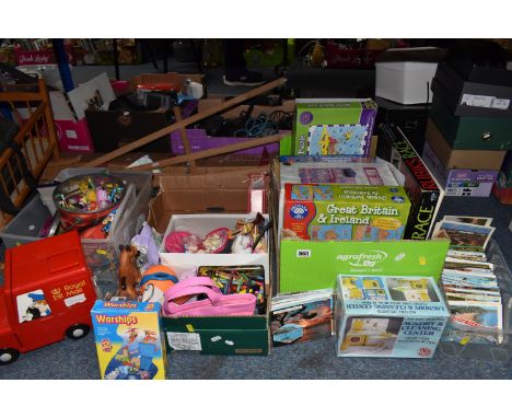 THREE BOXES AND LOOSE OF MISCELLANEOUS CRAFTS, TOYS ETC. to include over two hundred and fifty postcards of various subjects,