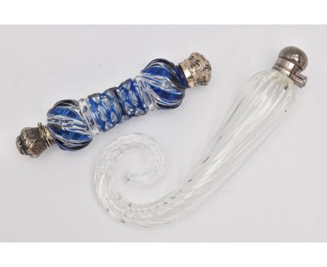 A BLUE GLASS DOUBLE SIDED SCENT BOTTLE AND A CHILLI SHAPED GLASS SCENT BOTTLE, fitted with a white metal hinged dome cover wi