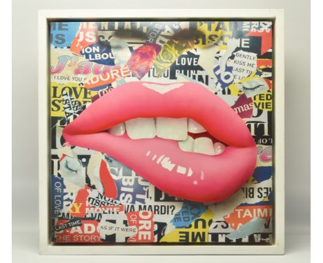 RERUN (BRITISH CONTEMPORARY) 'TEMPTATION', a signed limited edition print on canvas, depicting a pair of lips against a graff