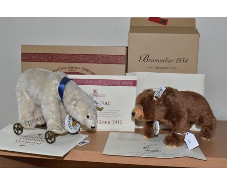TWO BOXED STEIFF REPLICA BEARS comprising a limited edition Steiff Club Edition 1999/2000 white polar bear on wheels, No. 173