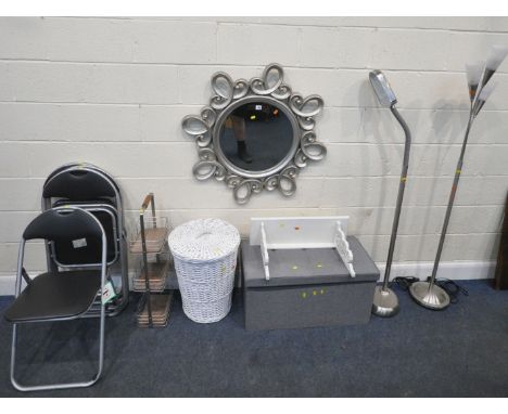 A SELECTION OF OCCASIONAL FURNITURE, to include a grey ottoman, a silver painted mirror, two standard lamps, a wall shelf, a 