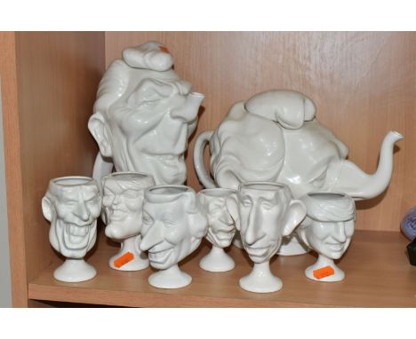 A GROUP OF LUCK AND FLAW 'SPITTING IMAGE' CARICATURE TEAWARES to include a Ronald Reagan coffee pot (height 28cm), a Margaret