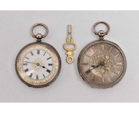 TWO OPEN FACE POCKET WATCHES, the first a ladies silver open face pocket watch (missing glass cover), Roman numerals with a f
