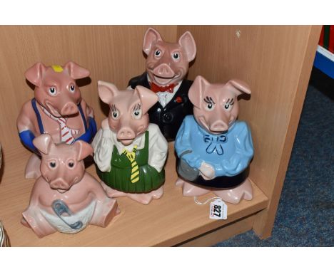 FIVE WADE NATWEST PIGGY BANKS comprising Woody, Annabell, Maxwell, Lady Hillary, and Sir Nathaniel, all with NatWest stoppers
