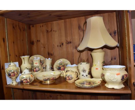 A LARGE COLLECTION OF AYNSLEY ORCHARD GOLD ITEMS comprising a lamp (some scratches/untested) height approximately 60cm, two p
