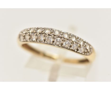 A 14CT GOLD RING, set with two rows of colourless cubic zirconia, hallmarked 14ct Birmingham, ring size R 1/2, approximate gr