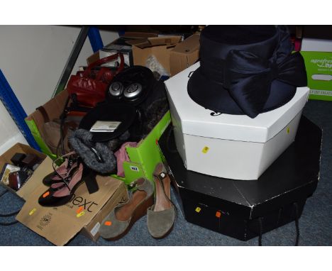 THREE BOXES AND LOOSE HEADPHONES, HATS, SHOES, BAGS AND ACCESSORIES, to include a cased pair of Bose QuietComfort 15 acoustic