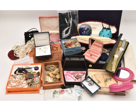 A BOX OF ASSORTED ITEMS, to include various imitation pearl necklaces, brooches, pendants, a flamingo detailed 'Stratton' com
